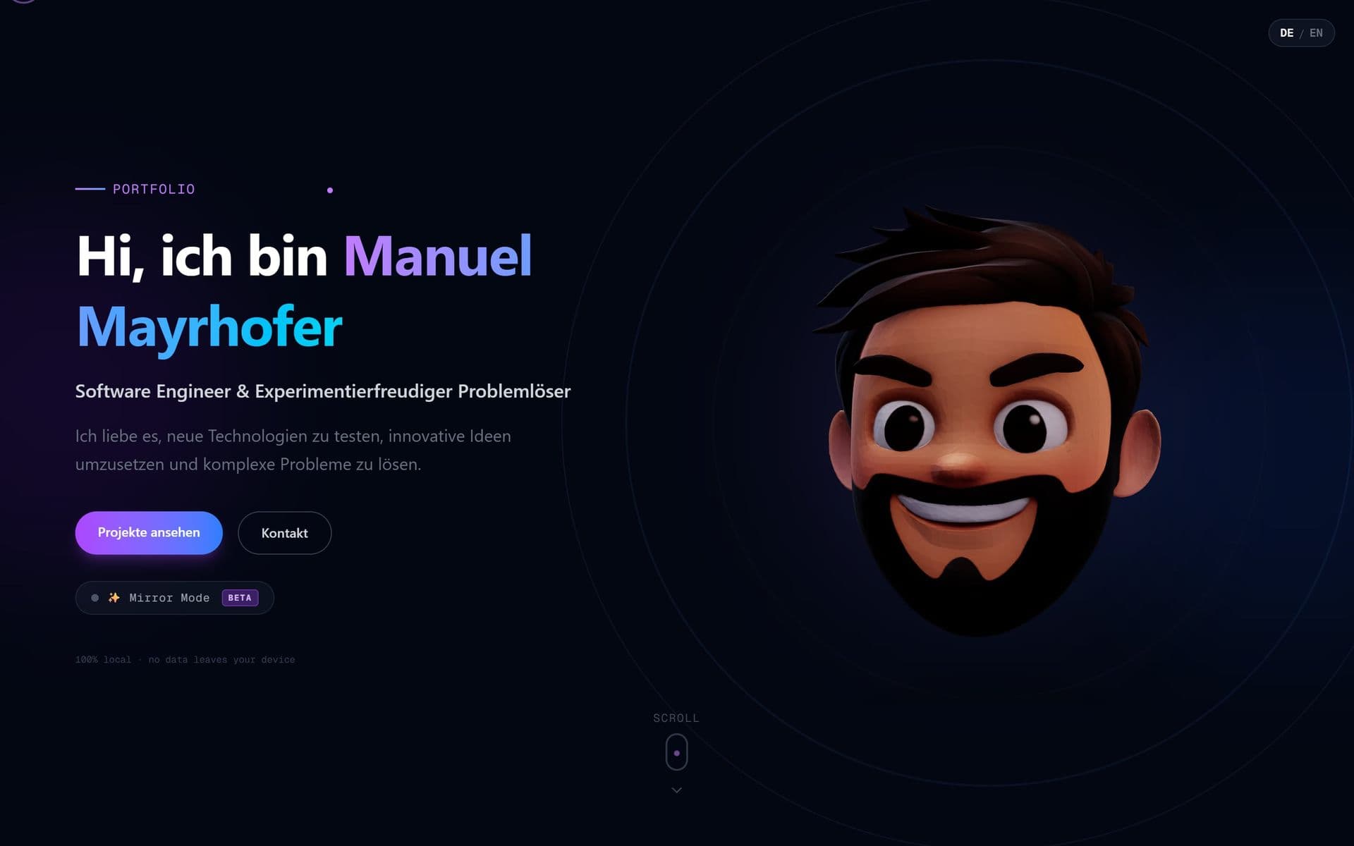 manuel-mayrhofer.tech: „Hi, ich bin Manuel Mayrhofer“ neben einem 3D-Avatar auf dunkelblauem Grund.