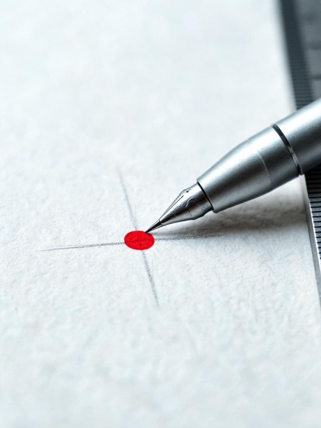 Eine Zeichenfeder zieht einen kleinen roten Kreis auf Papier, daneben ein Lineal.